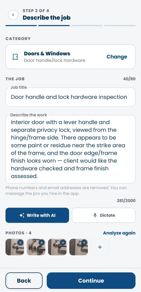 A job request being written in the Northy app from a photo of the problem, with the category and description filled in