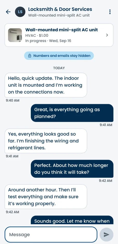 A message thread between a client and a pro in the Northy app, with the job's updates in the same conversation