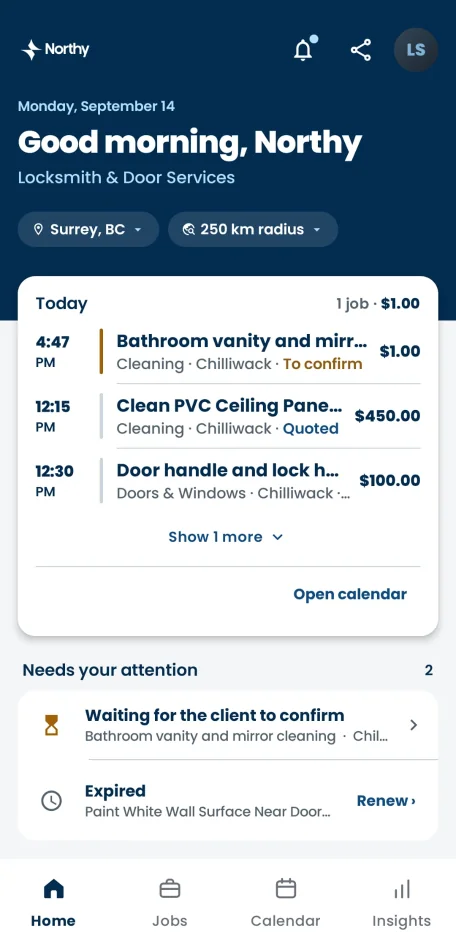 The pro home screen in the Northy app, showing today's jobs, rows that need attention, and open requests nearby