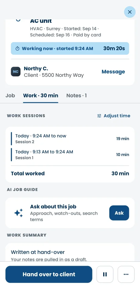 A list of work sessions for one job in the Northy app, each with its own start time, end time and total