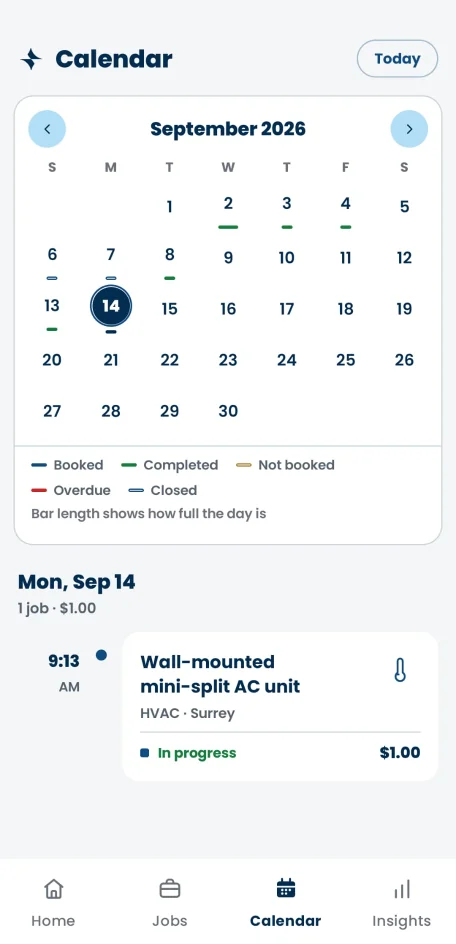 A month view of the pro calendar in the Northy app, with booked, completed and open days marked differently